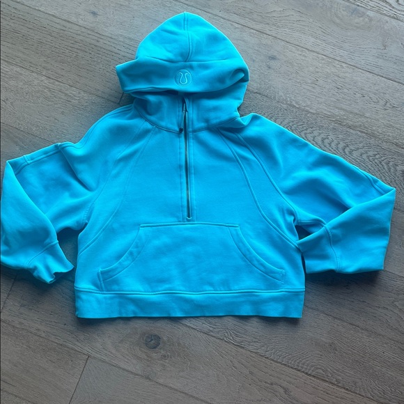 Lululemon Oversized 1/2 Zip Scuba Hoodie in 'Electric Turquoise' (M/L) *Stain* - Picture 6 of 14